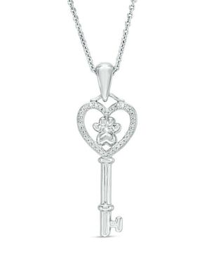 New Zales Diamond Pet Paw Print Heart-Top Key Pendant in Sterling Silver